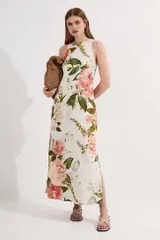 Linen Viscose Floral Woven Column Midi Dress