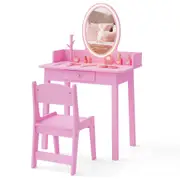 Giantex Makeup Beauty Dressing Table w/Tree-Shaped Jewelry Organizer & Drawer Pink