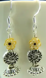 Yellow & Blue Millefiori Flowers & Fancy Dangle Earrings Handmade Jewelry