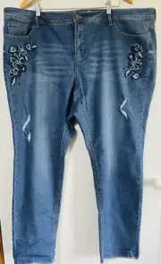 Autograph mid blue denim jeans girlfriend 22 embroidery flower distressed Plus