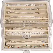 CLUQMEIK Necklace Organizer Box with Clear Lid, Dustproof Velvet Jewelry Holder Storage Display Case, Stackable Acrylic Necklace Tray Drawer Insert for Women and Girls (Beige,3 Drawers)