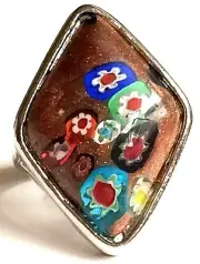 Vintage Murano Art Glass Statement Cocktail Ring Size 9 Millefiori Silver Plated