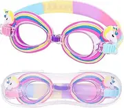 Unicorn Girl Swimming Goggles, Anti Fog Leak Proof Child Swim Glasses, Waterproof Anti- UV Clear Vision Water Pool Goggles, Adjustable Straps Cute Goggles for 3-15 Years Old