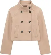 [Generic] Women's Retro Stand Up Collar Double Breasted Black Wool Coat Long Sleeved Double Breasted Stand Up Collar Blended Wool Coat