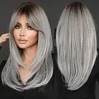 Grey Ombre Layered Wig with Curtain Bangs Long Straight Pixie Cut Natural Loo...