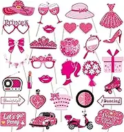 30Pcs Barbie Party Photo Booth Props, Pink Party Photo Props for Women Girls, Barbie Selfie Photo Booth Props, Girl Birthday Party Supplies, Let's Go Party Decoration
