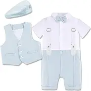 [mintgreen] Boys Gentleman Tuxedo Suit Short Sleeve Romper with Tie + Vest + Hat 0-18 Months