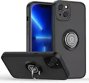 JIEZUIMEI Phone Case for iPhone 14 Cover with Ring Holder,Ultra-Thin Translucent Matte Frosted PC Hard Back Cover,Soft Silicone TPU Bumper Black