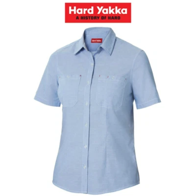 Womens Hard Yakka Foundations Short Sleeve Blue Chambray Shirt Corp Work Y08041