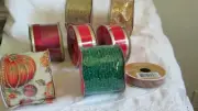 Lot 8 Rolls Christmas Ribbon Wired & Non-Wired New Mesh 150 Feet + Red Gold