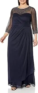 [Alex Evenings] Womens 432833 Plus-Size Long Sweetheart Neck Dress with Illusion Neckline Three-Quarter-Sleeve Dress - Blue
