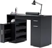 Ufurniture Manicure Table Built-in Dust Collector, Nail Desk for Nail Tech w/Wrist Pad, Glass and Wooden Top Nail Table Station with Drawers Shelves Storage, Rolling Wheels,Acetone Resistant (Black)