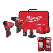 Milwaukee Hammer Drill + Impact Driver Kit 12V Li-Ion Cordless + Bit Set (50-Pc)