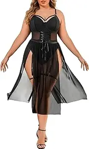 [Avidlove] Sexy Plus Size Lingerie Set for Women Sexy Bodysuit with High Slit dress and Garter Belt L-5XL