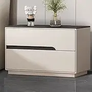 Bed End Table Wooden, Nightstand with Rock Slab Top, 2 Drawers Night Stand with Hide Handles, for Bedroom/Sofa Side Table No Need to Install(Off-White,27.5"/70cm)