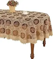 (60 300cm Oval) - Vintage Beige Oval Tablecloth Linen Embroidered Floral Lace Maroon Translucent Gauze (Oval 60 300cm)