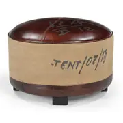 Vintage Round Ottoman with Leather & Recycled Canvas Cover with Hardwood Mango Legs, 60x60x41cm