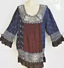 New SACRED THREADS S M Ikat Multi-fabric Woven Lace Trim Rayon Boho Tunic Top