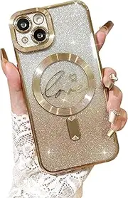 ELEPIK for iPhone 15 Case with Camera Protector, [Full Camera Cover Protection] [Compatible with MagSafe] [Love Heart Plating] [Glitter Bling Plating] Clear Magnetic Slim Phone Case, Gold
