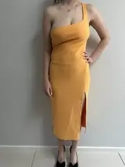 Bec & Bridge Ariel One shoulder Midi Dress Sz 12 Mango Colour Bnwt K56