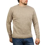 100% SHETLAND RAGG WOOL CREW Round Neck Knit JUMPER Pullover Mens Sweater Knitted - Beige