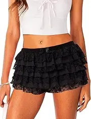 [Rapbin] Womens Lolita Bloomers Cute Ruffle Shorts Layered Lace Skirts Elastic Waist Bow Front Y2k Micro Boyshorts
