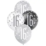 Black Silver White 16th Birthday Latex Balloons 30cm (12") 6pk Party Decorations