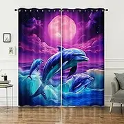 AILONEN 3D Jumping Dolphin Window Drapes,Sealife Dolphin Window Curtain for Girls Boys,Purple Starry Moon Night Window Treatment Drapes Sea Wave for Bedroom Living Room, 42" W x 63" H,2 Panels Set