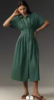 Anthropologie The Tobie Button-Front Pleated Shirt Dress by Exquise Green