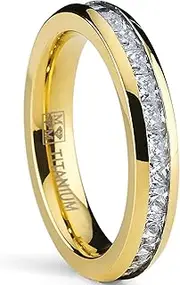[Metal Masters Co.] 4MM Goldtone Plated Princess Cut Women's Eternity Titanium Ring Wedding Band with Cubic Zirconia CZ