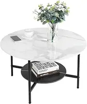 Round Coffee Table 80cm Large Marble Table Sleek Centre Accent Table Genuine Sintered Stone Table White and Black Marble Top with Matt Black Frame Designed 2-Tier Coffee Table for Living Room