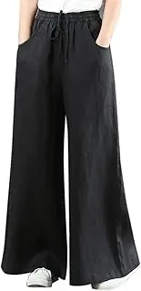 [Generic] Cotton Linen Pants for Women Lightweight Wide Leg Pant High Waisted Loose Fit Casual Trousers with Pockets