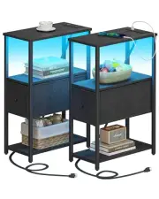 Small Narrow LED End Table with Charging Station, Side Table Black Plug & LEDs