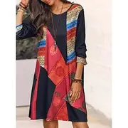 Women's Mini Dress A Line Dress Casual Boho Daily Loose Fit Geometric Color Block Long Sleeve Crew Neck Red Summer