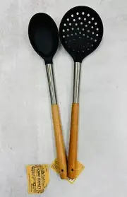 Set of 2 Silicone kitchen utensils Skimmer & Serving Spoon Wood Handle