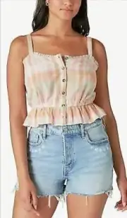 Lucky Brand Juniors Plaid Peach Green Ruffle Hem Crop Top Cotton XL NWT