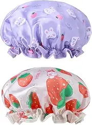 TIESOME Kids Shower Caps, 2 PCS Yellow & Purple Waterproof Double Layers Shower Caps Cute Rabbit Bonnets Elastic Band Bonnet Satin and Eva Soft Kids Sleeping Cap Reusable Shower Cap for Kids