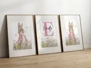 Set of 3 A4 Custom Personalised Name Peter Rabbit Print Set, Baby Nursery Art