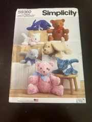 Simplicity S9360 Sewing Pattern Plush Animals Bear, Puppy, Kitten