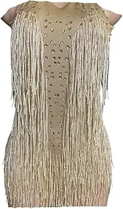 [Generic] Sparkly Bodysuit Women Party Dance Costume Stage Wear Tassel Leotard Performance Clothing(Beige,S-M)
