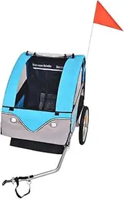 Cycling Trailers Children's Bicycle Trailer Grey and Blue ，Children's Bicycle Trailer Pram Bike Trailer with Wheel Reflectors and Safety Flag ，Strong Steel Frame for 1 to 2 Kids