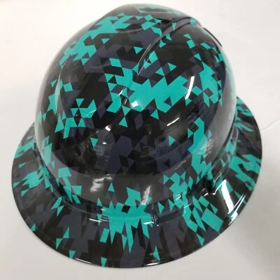 full brim hard hat custom hydro dipped IN TURQUOISE, TEAL ABSTRACT TACTICAL CAMO