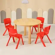 80CM Round Wooden Kids Table and 4 Red Chairs Set Pinewood Timber Childrens Desk