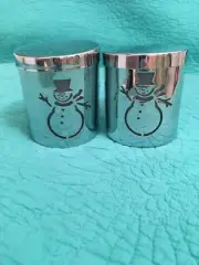 New Set Of 2 Silver Metal & Glass Candle/Tea Light Holder W/ Snowman Cut Out