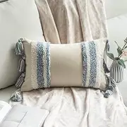 MIULEE Decorative Throw Pillow Cover Tribal Boho Woven Tufted Pillowcase with Tassels Rectangle Pillow Sham Pillowcase Cushion Case for Sofa Couch Bedroom Car Living Room 12x20 Inch Light Blue