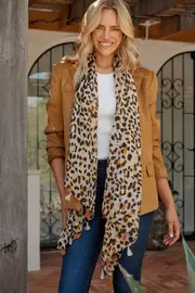 Wild Side Scarf in Brown Leopard with Tassels one size