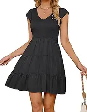 [ZESICA] Womens Summer Casual V Neck Flutter Sleeve Bohemian Ruffle Smocked A Line Swing Mini Dress