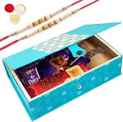 Jaiccha Ghasitaram Rakhi Gifts for Brothers - Blue Rectangular Box of Dairy Milk,Eclairs, 5 Star, Chocolate Almonds, Potata Biscuits with 2 Pearl Rakhis
