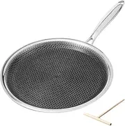 Non stick Crepe Pan 11 inch whit spreader, Coating Flat Skillet Pancake Pan, Stainless Steel Hybrid Honeycom Crepe Pan for Pizza Tawa Dosa Tortilla Griddle Pan, PFOA Free, Stay-cool Handle All Stov