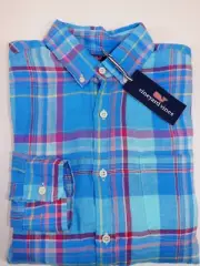 VINEYARD VINES Size S Men's Shirt Blue Plaid Linen SLIM FIT MURRAY NEW $115